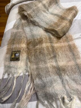 Soft Mohair Blend Plaid Scarf in Beige & Grey